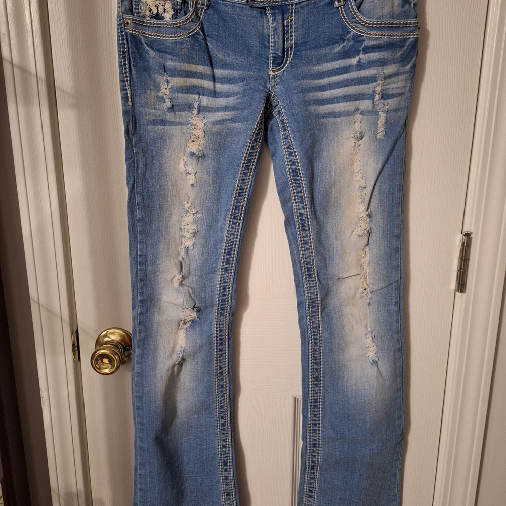 Amethyst Jeans *Like New* Light Blue Distressed Boot Cut Size 5